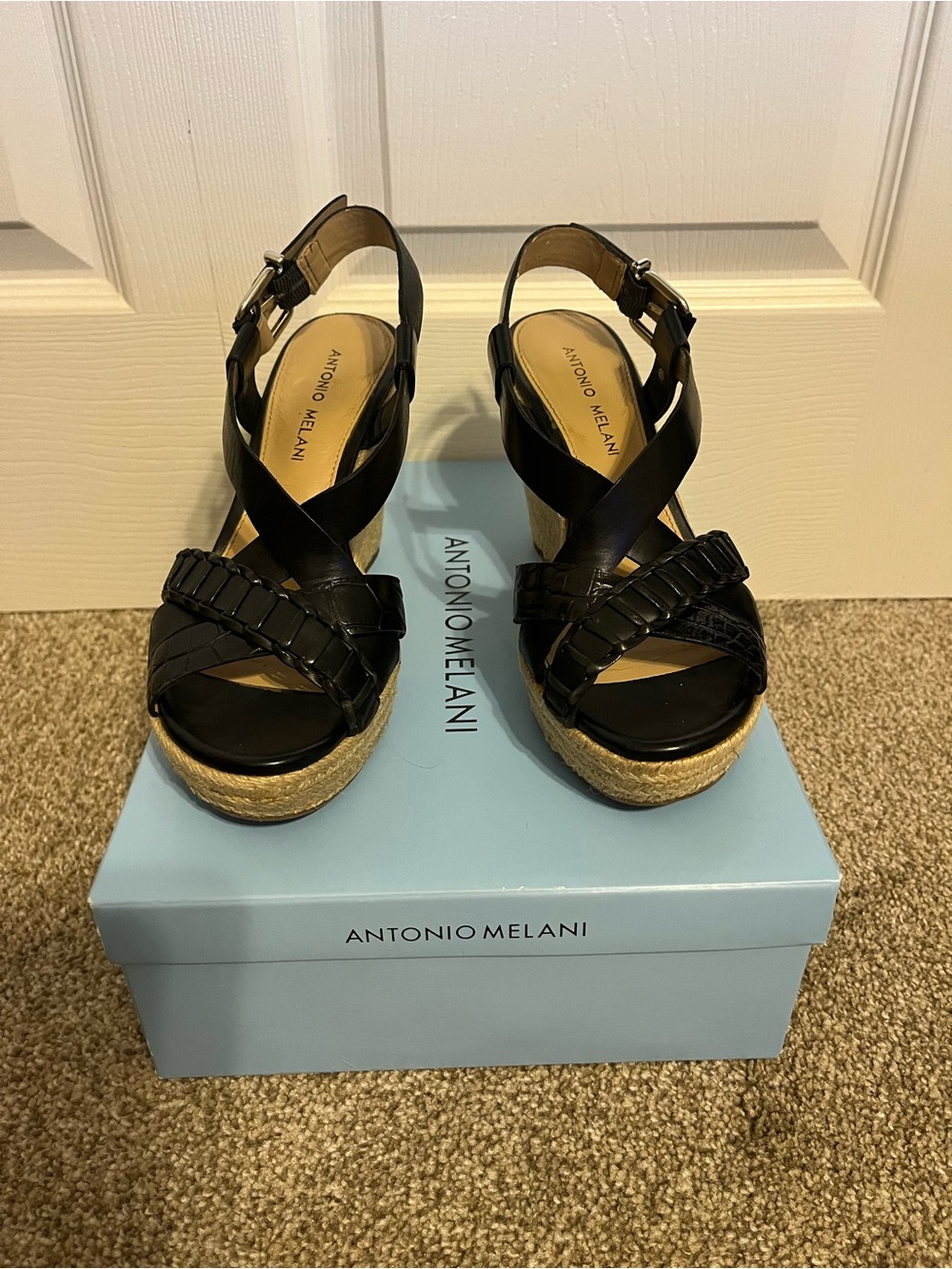 ANTONIO MELANI Black Leather Woven Wedge Sandals